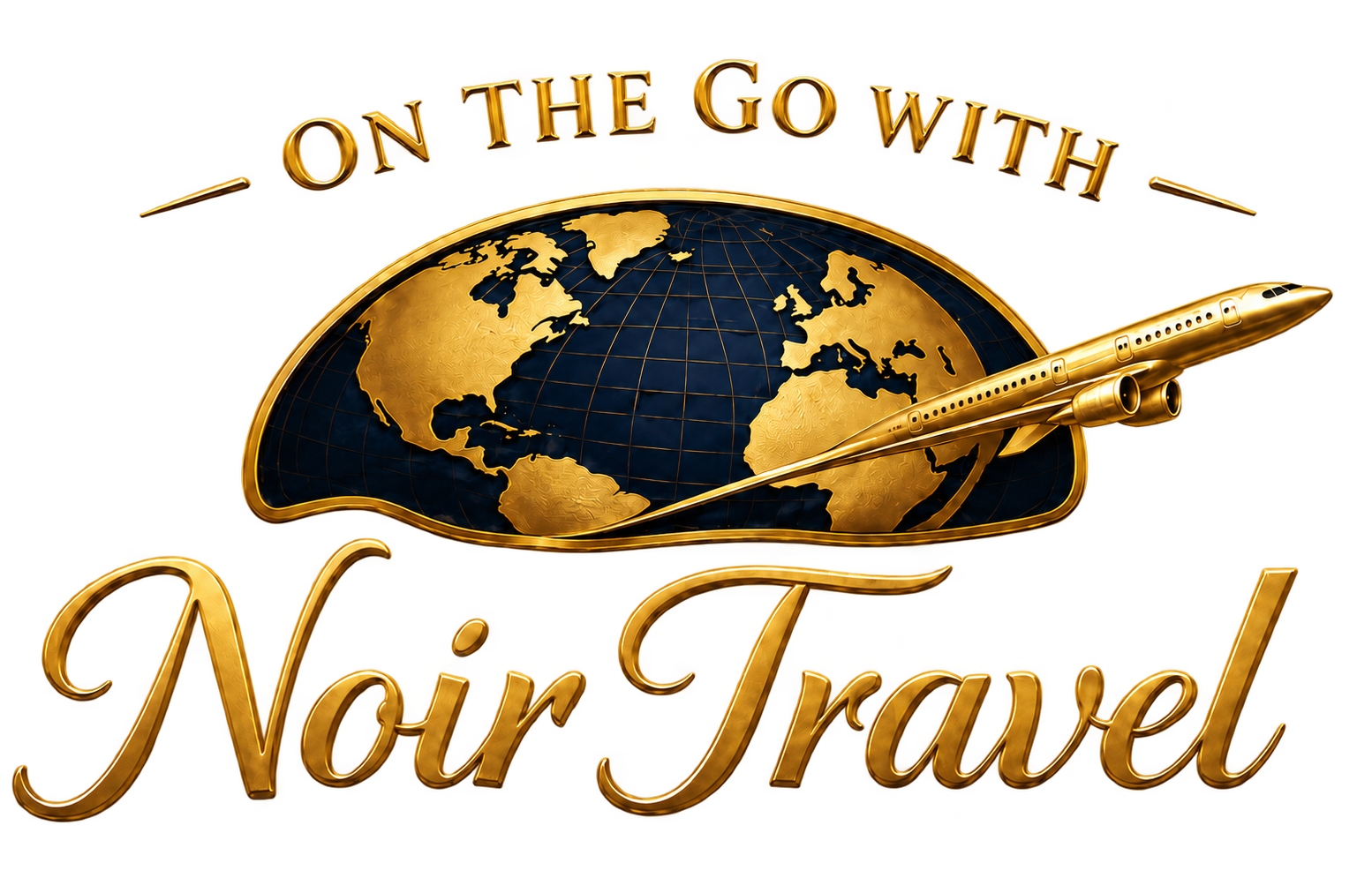 On the Go with Noir Travel globe and airplane logo