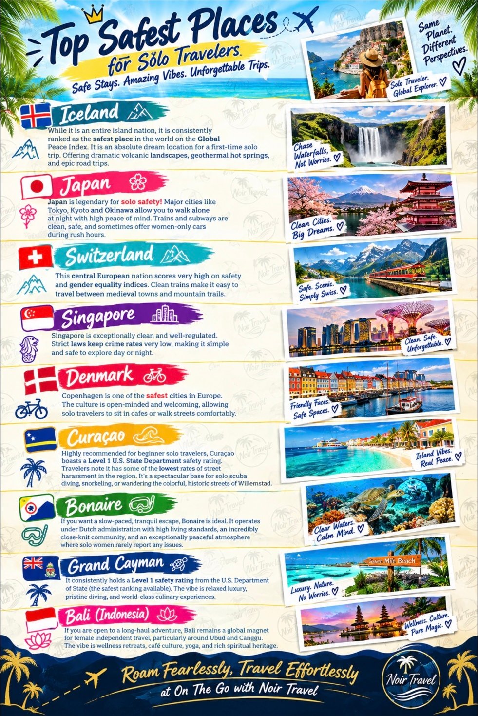 Top Safest Places for Solo Travelers poster from On the Go with Noir Travel