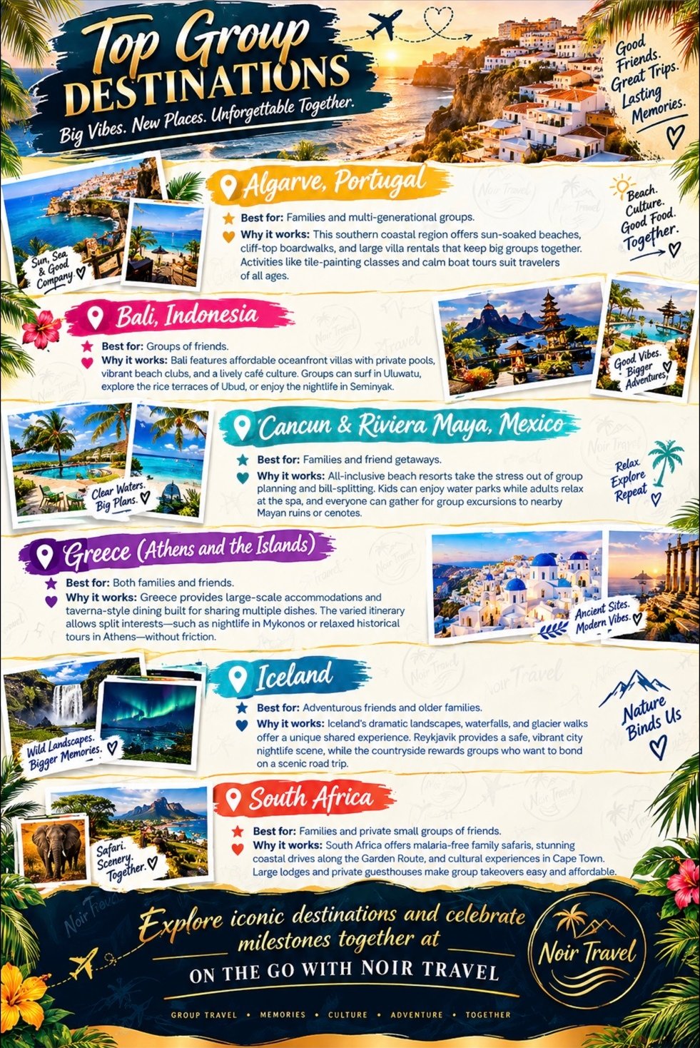 Top Group Destinations poster from On the Go with Noir Travel